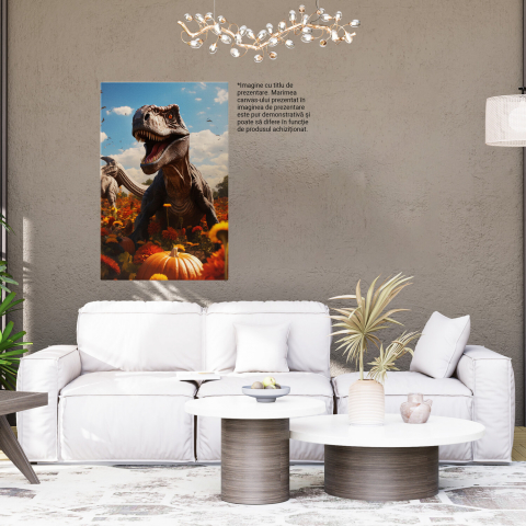 Dinozaur Cartoon cu Ochii Roșii lângă Lanul de Flori și Dovleci - Pictură Digitală, Marime 40x25CM [3]