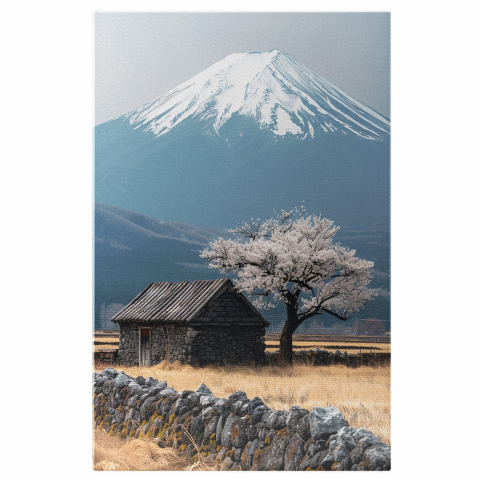 Peisaj - Casa din Pietre lângă Copac Înflorit - Peisaj de Poveste în Natură, Marime 40x25CM