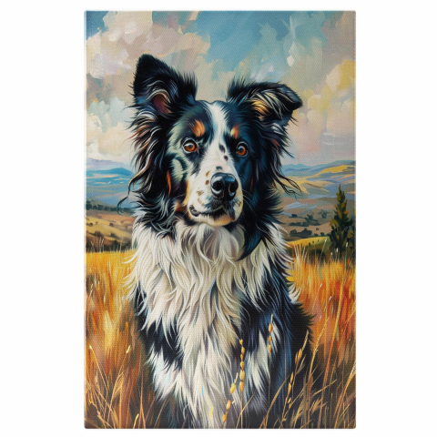 Cățel Blănos Alb cu Pete în Lanul de Grâu - Tablou Canvas, Marime 40x25CM