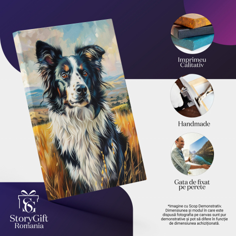 Cățel Blănos Alb cu Pete în Lanul de Grâu - Tablou Canvas, Marime 40x25CM [1]