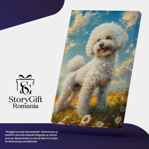 Tablou Canvas  Catelus cu Blana Creata Alba si Floricele In Jur Bucuros de Iesirea in Natura si Cerul Senin , Pictura Digitala 40x25CM [4]