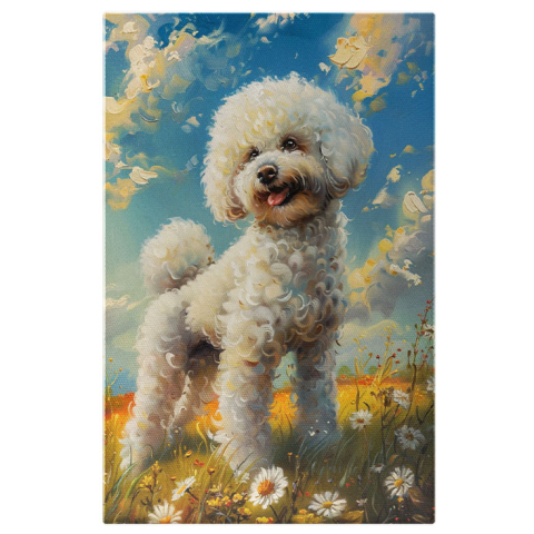 Câini - Tablou Canvas  Catelus cu Blana Creata Alba si Floricele In Jur Bucuros de Iesirea in Natura si Cerul Senin , Pictura Digitala 40x25CM