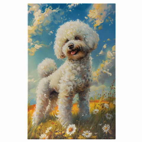 Animale - Cățeluș cu Blană Albă și Floricele - Tablou Canvas Digital, Marime 40x25CM