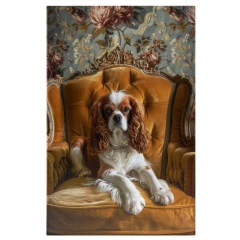 Câini - Câțelus Trist cu Blană Albă pe Fotoliu Galben – Pictură Digitală Emoționantă, Marime 40x25CM