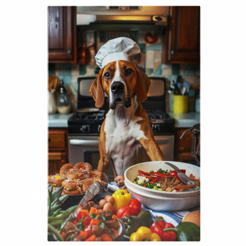 Câini - Tablou Canvas Cățelușa Beagle Bucătăreasă cu Mâncare Sănătoasă și Gustoasă, Marime 40x25CM