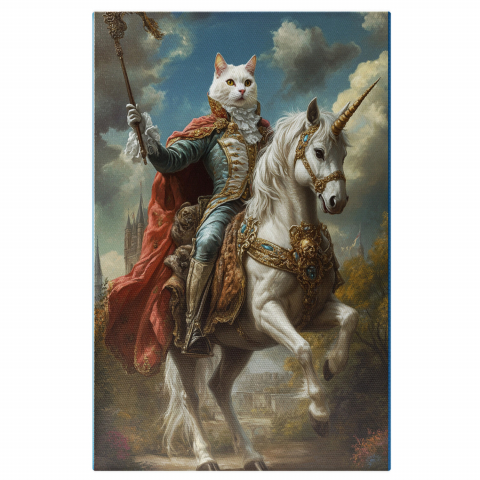 Abstract - Cavaler Regal Pe Unicorn Alb - Tinuta Regeasca cu Capa și Guler Ruff
Marime 40x25CM
