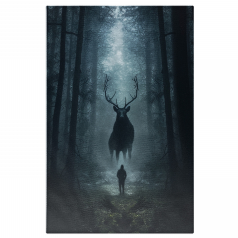 Păduri - Cerb Uriaș în Fața unui Om - Pădure Sălbatică, Marime 40x25CM