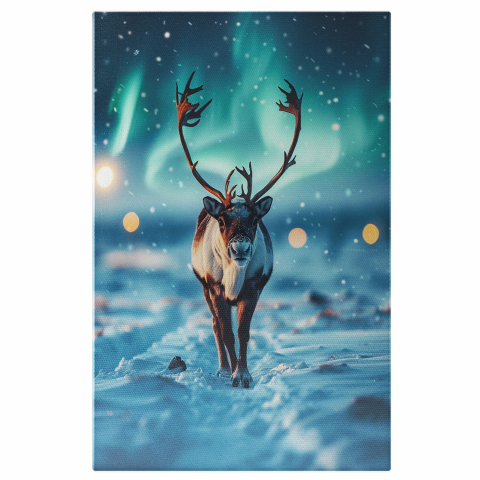 Aurora Boreală - Tabloul canvas cu cerbul polar în cercetarea ținutului înghețat, Marime 40x25CM