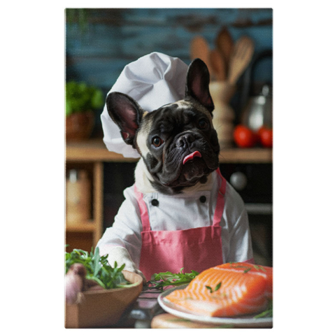 Câini - Tablou Canvas Chef Bulldog cu Limba Scoasă Bucătar Iscusit în Alb cu Detalii Roz , Pictura Digitala 40x25CM