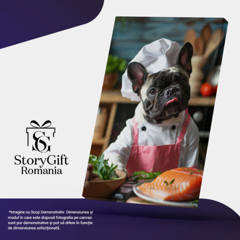 Tablou Canvas Chef Bulldog cu Limba Scoasă Bucătar Iscusit în Alb cu Detalii Roz , Pictura Digitala 40x25CM [4]