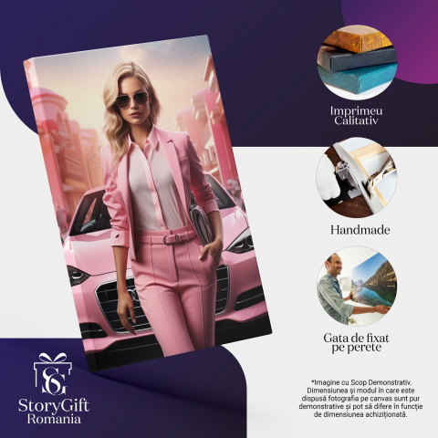 Tablou Canvas - Chic și Vibrant: Moda pe Asfaltul Orașului - Siluetă în Roz, Marime 40x25CM [1]