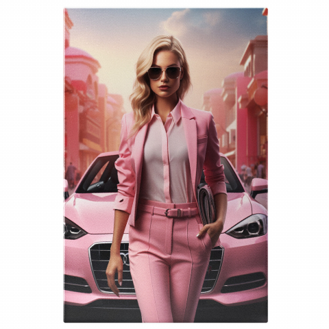Tablouri Canvas - Tablou Canvas - Chic și Vibrant: Moda pe Asfaltul Orașului - Siluetă în Roz, Marime 40x25CM
