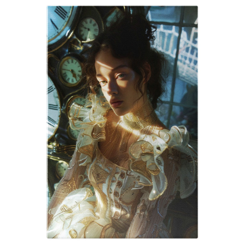 Modă - Tablou Canvas:  Chip de Fată Lumimat de Razele Soarelui în Rochie și Ceasuri pe Fundal- Portret Artistic Pictura Digitala 40x25CM