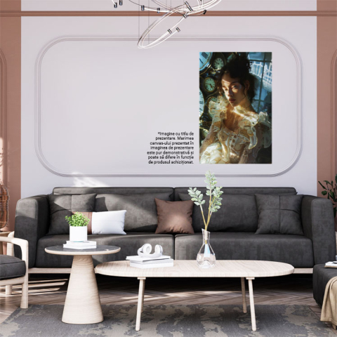 Tablou Canvas:  Chip de Fată Lumimat de Razele Soarelui în Rochie și Ceasuri pe Fundal- Portret Artistic Pictura Digitala 40x25CM [1]