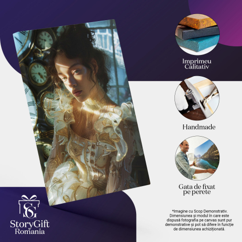 Tablou Canvas:  Chip de Fată Lumimat de Razele Soarelui în Rochie și Ceasuri pe Fundal- Portret Artistic Pictura Digitala 40x25CM [2]