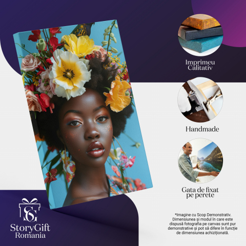 Chip de Femeie Machiată cu Coroană din Flori și Papagal pe Cap - Pictură Digitală, Marime 40x25CM [1]