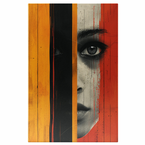 Femeie cu Ochii Strălucitori și Gene Mari, Ascunsă de Dungi Galbene, Negre și Roșii, Marime 40x25CM