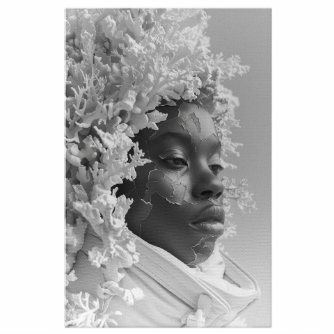 Chip Feminin Alb-Negru cu Buze Mari și Ramuri Albe, Marime 40x25CM