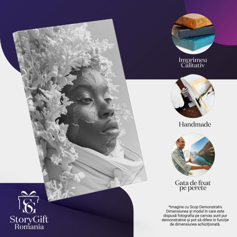 Chip Feminin Alb-Negru cu Buze Mari și Ramuri Albe, Marime 40x25CM [1]