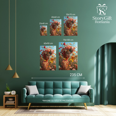 Chip feminin în câmp cu flori colorate și pălărie din flori, Marime 40x25CM [2]