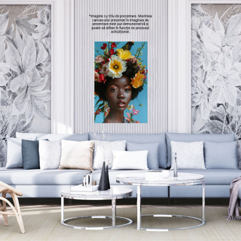 Tablou Canvas:  Chip Mulatru de Femeie Machiată cu coroană din Flori și Papagal pe Cap- Portret Artistic Pictura Digitala 40x25CM [1]