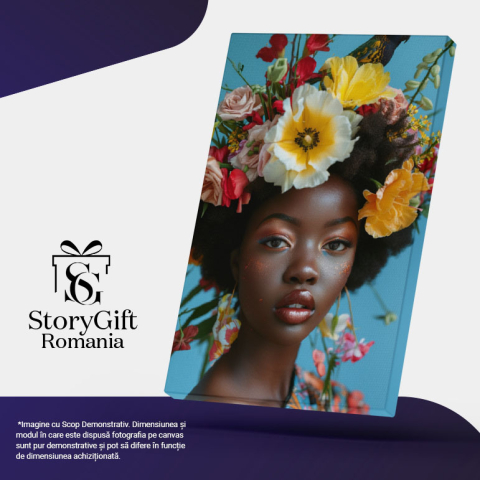 Tablou Canvas:  Chip Mulatru de Femeie Machiată cu coroană din Flori și Papagal pe Cap- Portret Artistic Pictura Digitala 40x25CM [4]