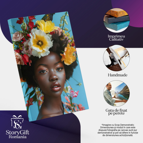 Tablou Canvas:  Chip Mulatru de Femeie Machiată cu coroană din Flori și Papagal pe Cap- Portret Artistic Pictura Digitala 40x25CM [2]