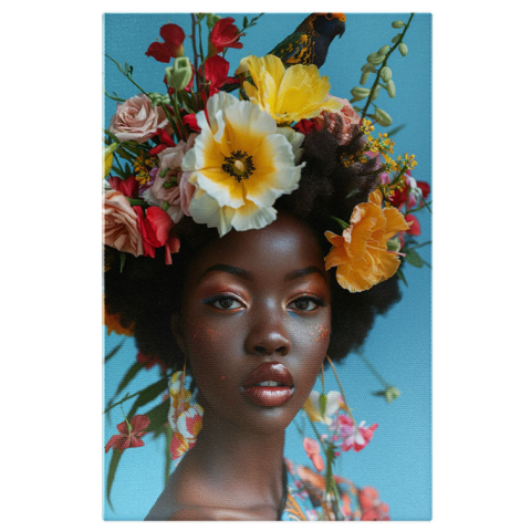 Portret - Tablou Canvas:  Chip Mulatru de Femeie Machiată cu coroană din Flori și Papagal pe Cap- Portret Artistic Pictura Digitala 40x25CM