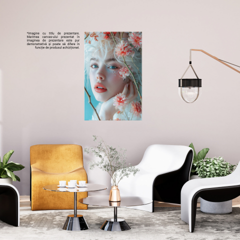 Chip Alb de Fată cu Ochii Albastri și Buze Roz, Alături de Flori - Pictură Digitală, Marime 40x25CM [2]