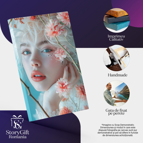 Chip Alb de Fată cu Ochii Albastri și Buze Roz, Alături de Flori - Pictură Digitală, Marime 40x25CM [1]