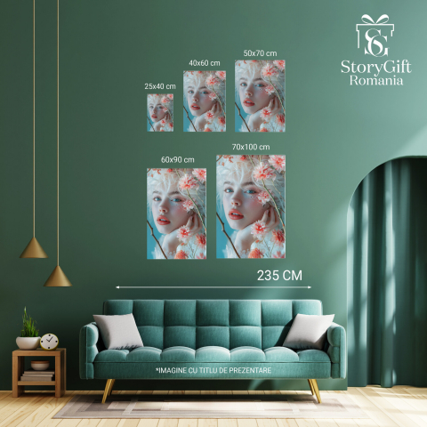 Chip Alb de Fată cu Ochii Albastri și Buze Roz, Alături de Flori - Pictură Digitală, Marime 40x25CM [3]