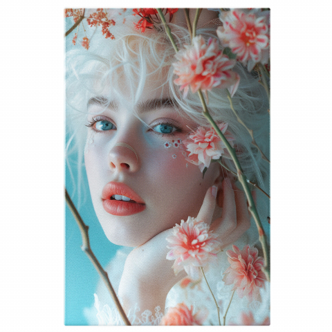 Chip Alb de Fată cu Ochii Albastri și Buze Roz, Alături de Flori - Pictură Digitală, Marime 40x25CM