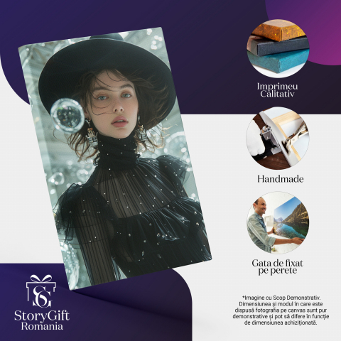 Tablou Canvas Femeie cu Pălărie, Cercei și Rochie Neagră cu Perle - Artă Digitală, Marime 40x25CM [1]