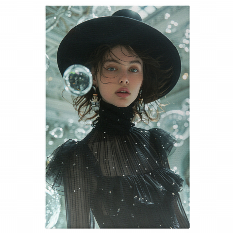 Tablou Canvas Femeie cu Pălărie, Cercei și Rochie Neagră cu Perle - Artă Digitală, Marime 40x25CM