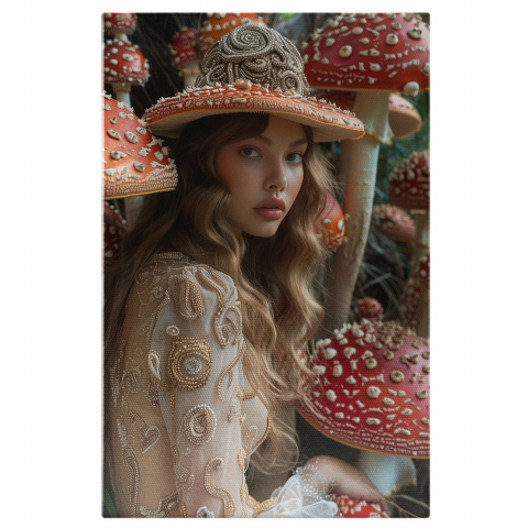 Tablou Canvas Fata cu Palarie și Ciuperci Roșii Gigantice | Pictură Digitală cu Rochie și Păr Ondulat, Marime 40x25CM