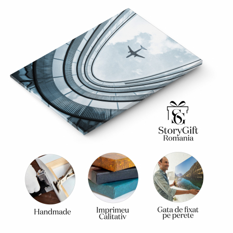 Clădire Modernă cu Avion Aterizând: Fuzionarea Arhitecturii și Călătoriei, Marime 40x25CM [1]