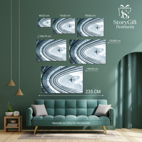 Clădire Modernă cu Avion Aterizând: Fuzionarea Arhitecturii și Călătoriei, Marime 40x25CM [3]
