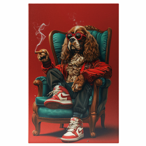 Câini - Tablou Canvas Cocker Modern Fumând în Fotoliu cu Bascheți Nike | Artă Digitală, Marime 40x25CM