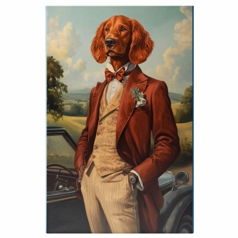 Vehicule -  Tablou Canvas Personalizat Conte Regal Cu Papion Maro Și Mașină VintageMarime 40x25CM