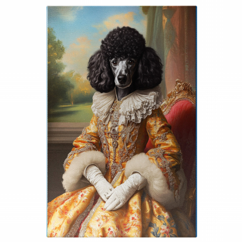 Personalizate cu Animalul Tau -  Tablou Canvas Personalizat Contesa Regală Cu Rochie Galbenă Și Fotoliu RoșuMarime 140x90CM