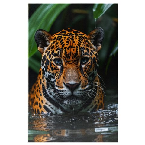 Animale - Tablou Canvas Contrast Vibrant Portocaliul cu Pete al Tigrului Strălucint Printre Frunzele Verzi , Pictura Digitala 40x25CM