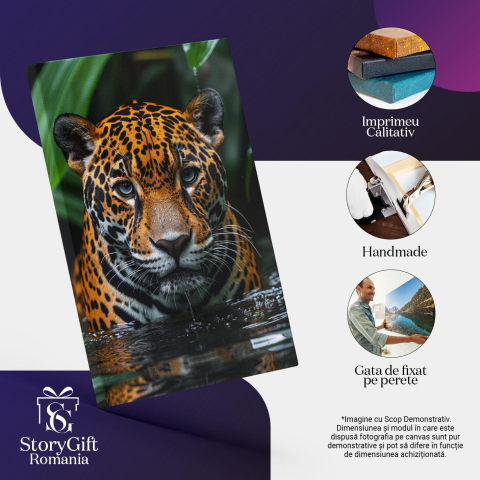 Tablou Canvas Contrast Vibrant Portocaliul cu Pete al Tigrului Strălucint Printre Frunzele Verzi , Pictura Digitala 40x25CM [2]