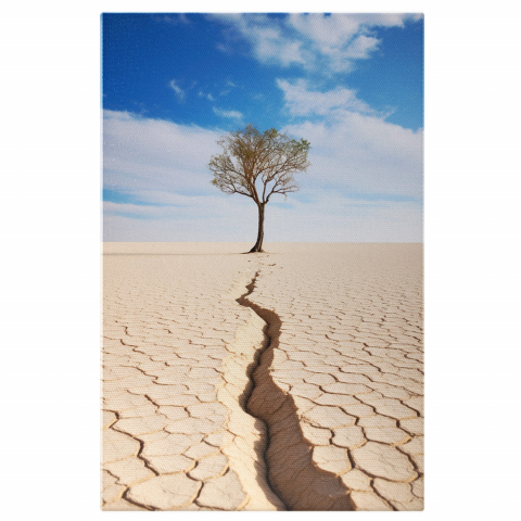 Tablou Canvas Copac în Mijlocul Pustiului | Pictură Digitală cu Pământ Uscat de la Secetă, Marime 40x25CM