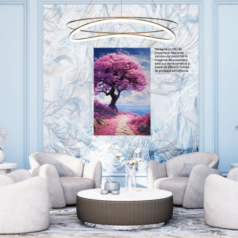 Tablou Canvas:  Copac și Potecă cu Flori Roz- Natură și Peisaj Pictura Digitala 40x25CM [1]