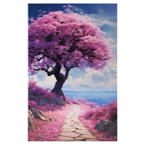 Abstract - Tablou Canvas:  Copac și Potecă cu Flori Roz- Natură și Peisaj Pictura Digitala 40x25CM