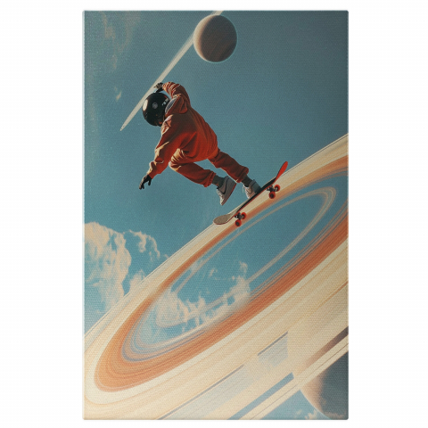 Sport - Tablou Canvas - Copil Skateboarder pe Inelele Planetelor, Marime 40x25CM