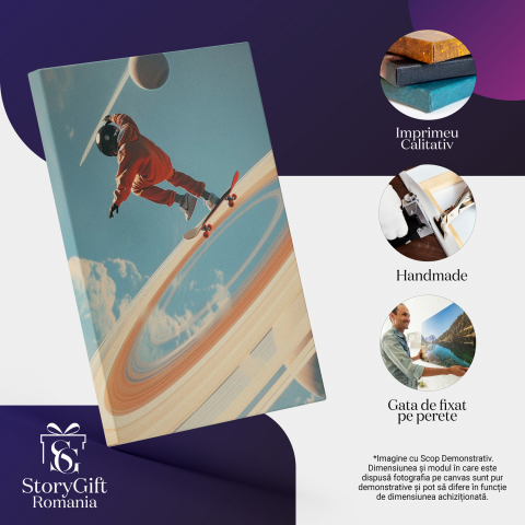 Tablou Canvas - Copil Skateboarder pe Inelele Planetelor, Marime 40x25CM [1]