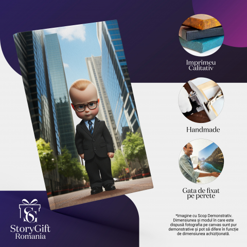 Tablou Canvas:  Copilas cu Ochelari de Vedere Inconjurat de Cladiri Inalte si Ochi Fermecatori cu Par Blond Pictura Digitala 40x25CM [1]