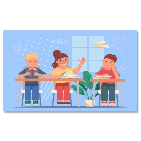 Tablouri Canvas - Tablou Canvas Copilasii Fericiti la Scoala cu Cartile pe Banca si un Avion din Hartie Zburand, Copii Cuminti 40x25CM