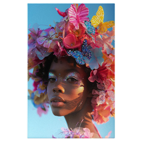 Flori - Tablou Canvas  Coronita din Fluturasi Colorati pe Capul Femeii din Africa cu Fard Sclipitor la Ochi si Buze Mari , Pictura Digitala 40x25CM
